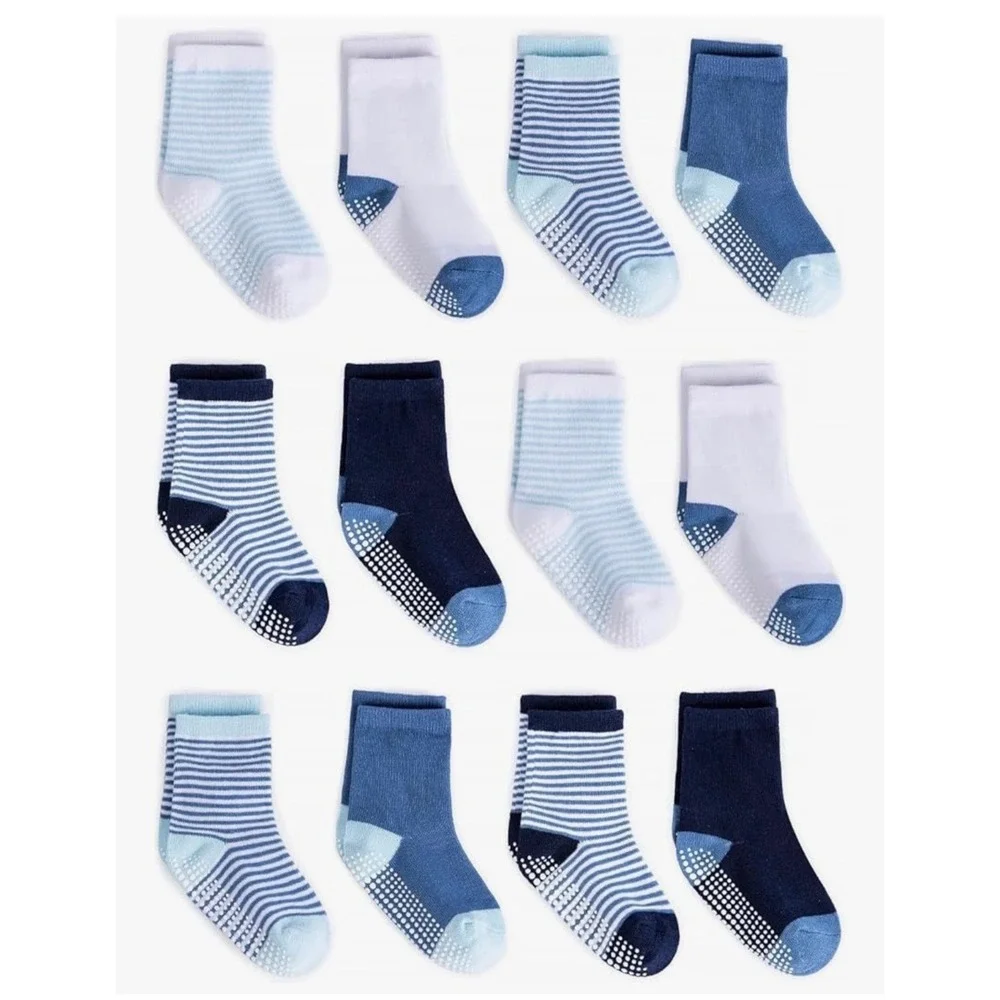 ZAPLES Baby Non-Slip Grip Crew Socks – Blue Multi –12 Pairs – Size 12–36 Months